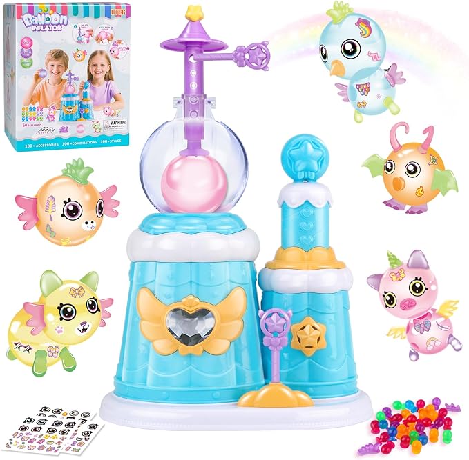 BTEC 195PCS Princess Blue DIY Balloon Animals Craft Kit with Pump, DIY Sticky Balloon Maker Toy with Bouncy Balloons & 3D Stickers & Accessories, Christmas Birthday Gifts for Kids Boys Girls Ages 3+
