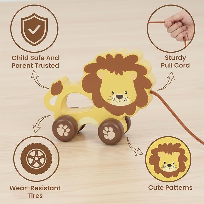 Baby Toys Car,Wooden Pull Along Toddler Toy, Developmental Toy for 1 Year Old Girl Boy Birthday Gift (Lion)