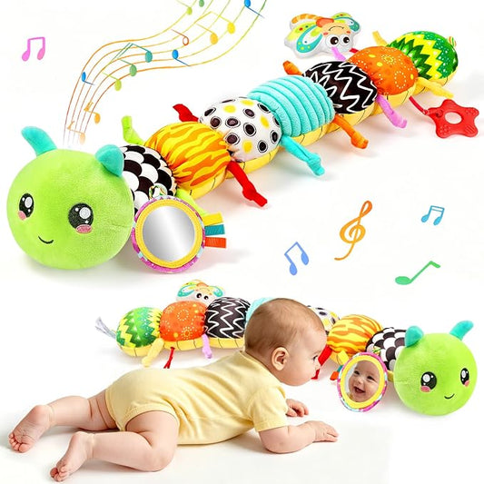 Baby Toys 0-6 6-12 Months, Caterpillar Musical Stuffed Animals Toys with Rattles Crinkle Mirror, Newborn Infant Tummy Time Toys 0-3 Months, Baby Sensory Toys for Boys Grils Shower Gifts