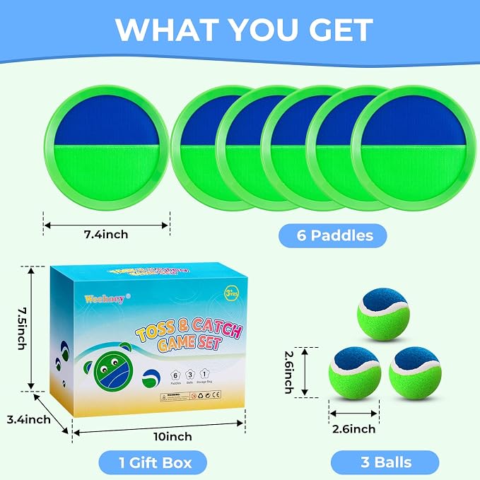 Beach Toys - Outdoor Games for Kids, Toss and Catch Ball Set with 6 Paddles 3 Balls, Gifts for 3 4 5 6 7 8+ Year Old Boys Girls Christmas Birthday, Perfect for Backyard, Parties, Camping, Family