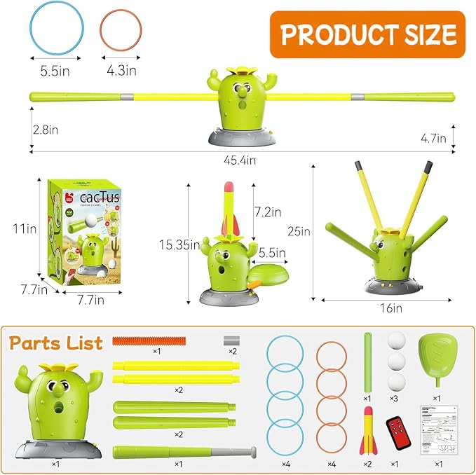 Rocket Launcher Toy Set for Kids Ages 3-8, 4-in-1 Cactus Outdoor Play Set with Ring Toss, Baseball & Skip It – Outdoor Backyard Sports Toys for Boys and Girls, Educational Active Play Gift