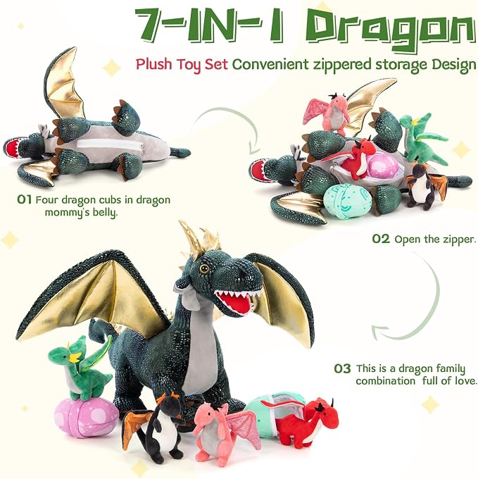 7Pcs Giant Dark Green Dragon Plush Toy, 21.7" Big Mother Dragon Stuffed Animal with 4 Babies & 2 Eggs, Stuffed Dinosaurs for Kids Boys Girls, Cute Soft Plushies Gift for Birthday Christmas