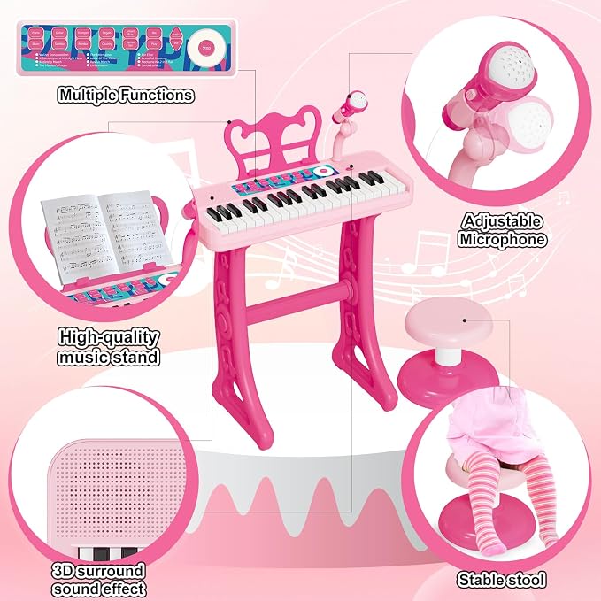 Piano Toys for 3 Year Old Girl, 37 Keyboard Toys with Microphone for Toddlers 3-7, Musical Birthday for Girls Boys Toddlers