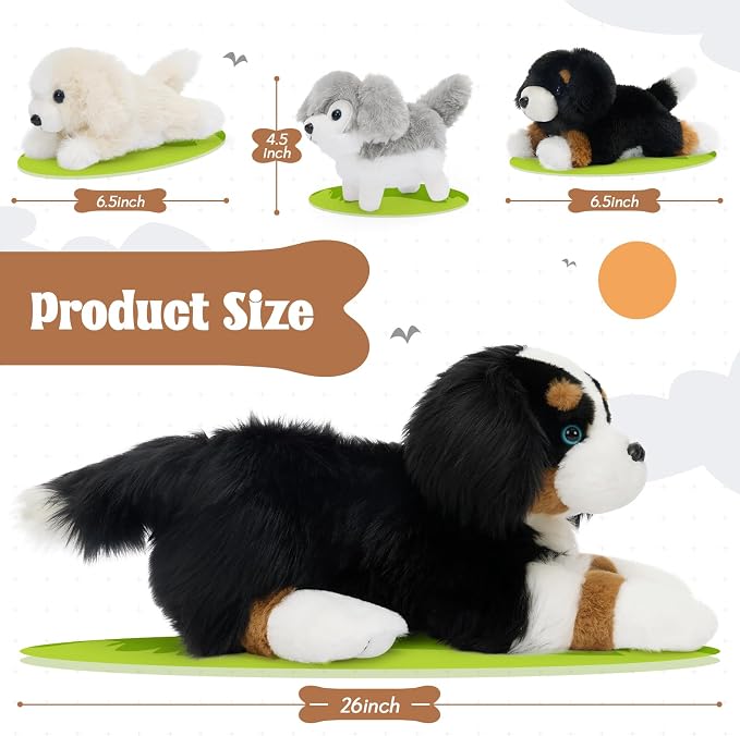 Tezituor Dog Stuffed Animal,26 Inch Border Collie Plush Toys Set with 3 Puppies,Realistic Mommy Dog Plush,4PCS Black White Puppy Plushies,Soft Dog Plush Gift for Girls Boys Kids Birthday Christmas