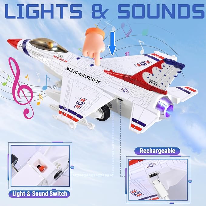 Crelloci Diecast Metal Alloy Fighter Jet Military Airplane Toy with Mist Spray, Lights & Sounds, Pull Back Function Army Air Force Aircraft for Kids, Toddlers Ages 3+, Gift for Boys Girls (White)
