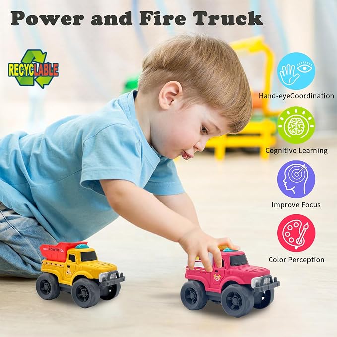 Aigitoy 2 Pack Toddler Cars for 1-3 Years, Power & Fire Truck Set | Construction Vehicles, NO BPA, Phthalates, PVC, Recycled Plastic Toy, 18M+ Outdoor Toys, Xmas Birthday Gift for Boys Girls