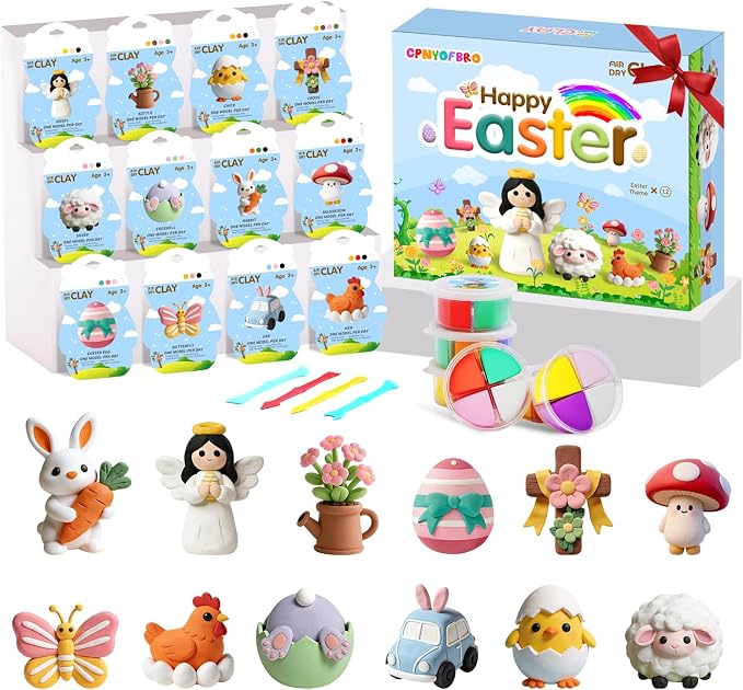 Easter Air Dry Clay for Kids,12 Boxes Modeling Magic Clay Kit with Sculpting Tools Tutorials, Safe & Non-Sticky DIY Craft Kit for Easter Basket Stuffers Gifts