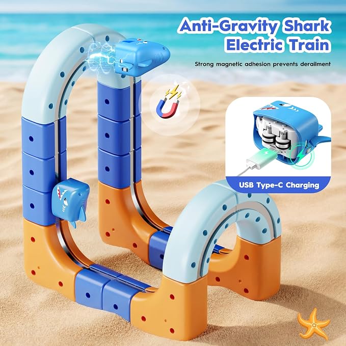 193PCS Magnetic Train Set: Shark Toys 3D Infinity Racer Electric Train Set for Kids Flexible Cube Rail Train Track with Anti-Gravity Train STEM Toys Gifts for 3 4 5 6 7 8 Year Old Boys Girls