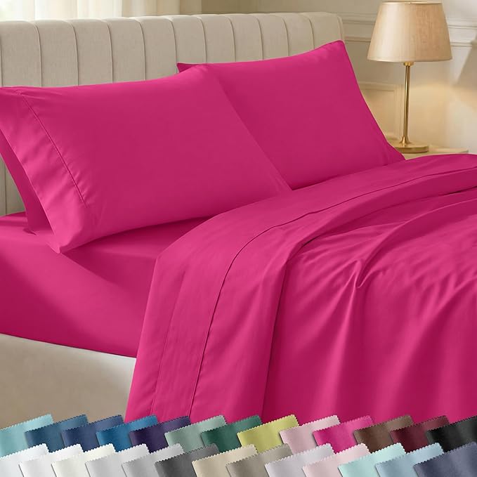 California Design Den Soft King Size 100% Cotton Sheet Sets, 400 Thread Count Good Housekeeping Award Winner, Silky Sateen Weave with Deep Pockets, Long Staple Cotton King Bed Sheet Set - Hot Pink