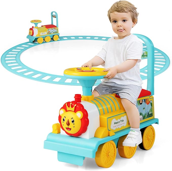 OLAKIDS Kids Ride On Train with Track, 6V Electric Toy with Lights and Sounds, Retractable Footrest, Under Seat Storage, Christmas Theme Battery Powered for Toddlers Boys Girls (1 Seater, Lion)