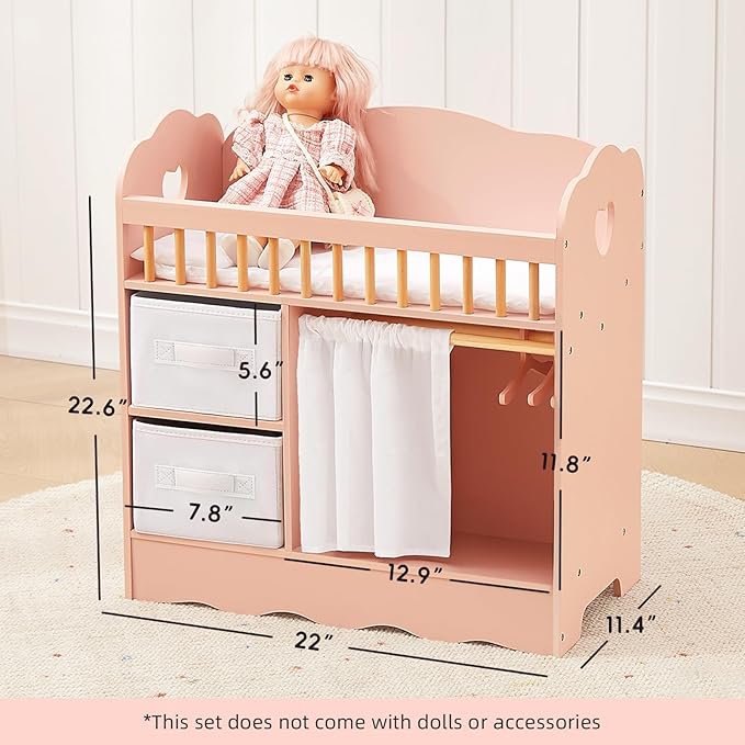 OOOK Baby Doll Crib, Wooden Baby Doll Bed and Changing Table, Dollhouse Furniture with Two Storage Box, Bedding and Coat Hangers, Nursery Playset Suitable for Dolls Under 22 Inches, Pink