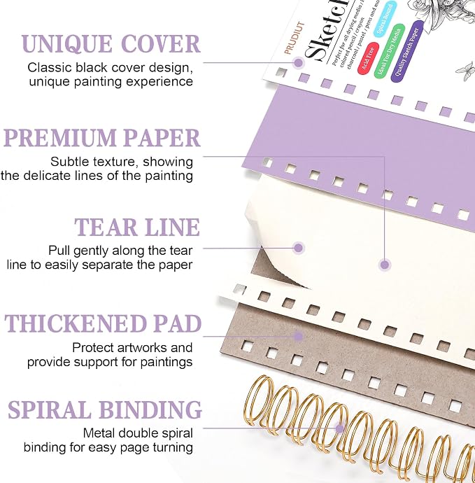 Sketch Book with 12 Color Pencil Set, 90 Sheets Spiral Sketchbook for Drawing (68lb/100gsm), Acid-Free Sketch Pad for Artist, Art Paper Drawing Supplies for Gifts(Purple)