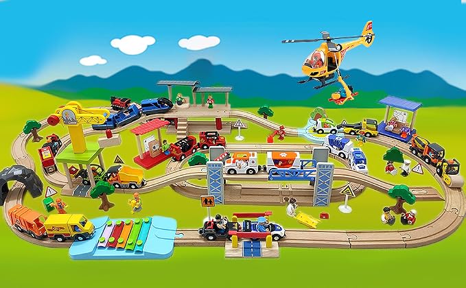 Wooden Train Cars Track Accessories Set Plane Toy with Light and Sound for Train Toys for 3-5-7 Boys Girls Years Old(Rescue Helicopter（with Light and Sound）)