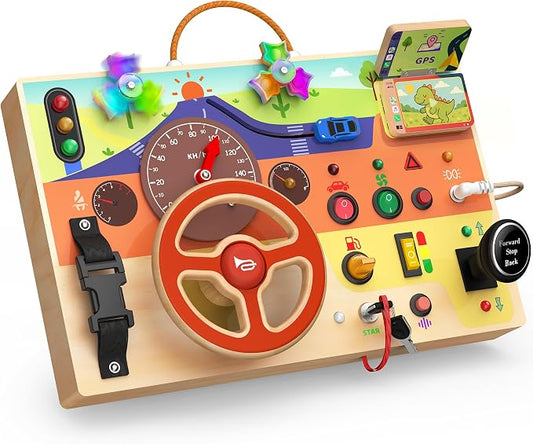 Montessori Wooden Busy Board with Steering Wheel & Driving Toys - Sensory Activity Boards for Toddlers 1-3, Car Themed Fidget Toy with Lights, Switches & Windmill Spinner, Travel Gift for Boys Girls