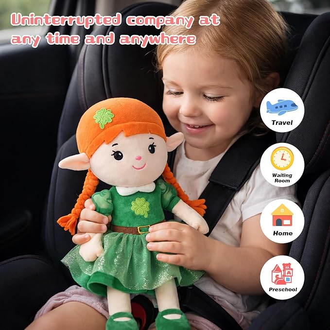 Soft Elf Plush Doll 16inch,Cute Lucky Fairy Doll First Baby Doll, Stuffed Toy with Green Dress, Ideal Gift for Toddlers Infants Kids Birthday St. Patrick's Day