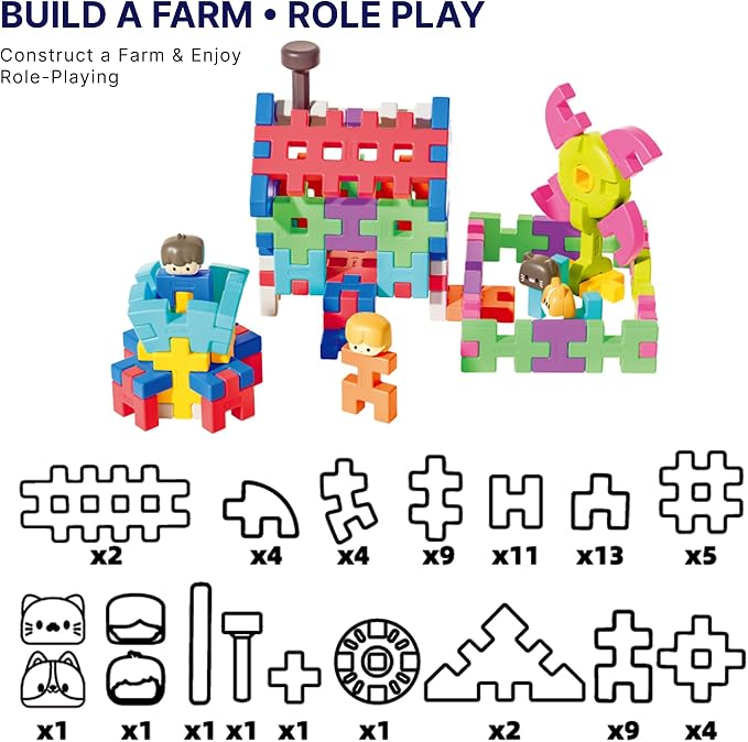 Interlocking Building Blocks STEAM Construction Set, Farm Role Play Theme, Multi-Dimensional, for Preschool Kids Ages 3-4 (122)