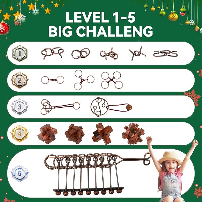 24 Pcs Brain Teaser Puzzles for Adults - Metal & Wooden 3D IQ Test Logic Game, Unlock Interlocking Brain Puzzle Toys for Teens Kids, Smart Educational Desk Toy for Mind Challenges