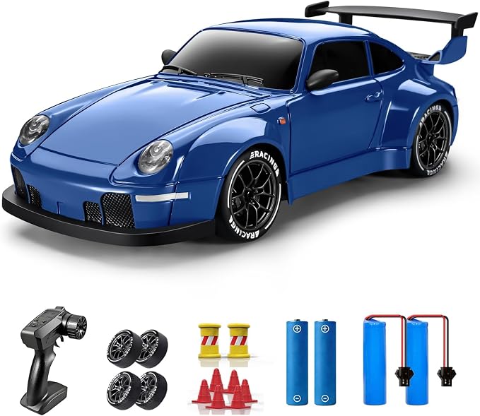 ACAMMZAR RC Drift Car, 1:24 Remote Control Car for Kids, 20KM/H 4WD High Speed RC Cars with LED Lights, Two Batteries, Extra Drifting Tires, Vehicle for Adults Boys Girls, Blue