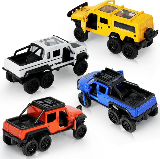 KIDAMI Diecast Toy Trucks 4 Pack Die Cast Metal Toy Cars Pull Back Cars Openable Doors Off-Road Vehicles Birthday Gift for Boys and Toddlers (Pickup Truck)