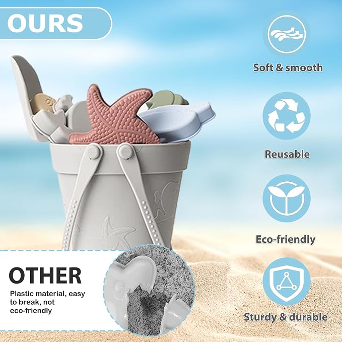 Sand Toys for Kids 8PCS Safe Silicone Beach Toys Grey - with Shovel, Bucket and Sand Molds, Waterproof for Travel Summer
