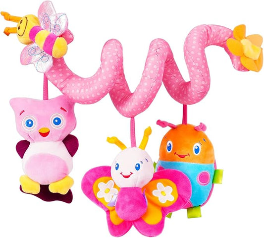 Jollybaby Crib Stroller Car Seat Toys for Baby 0-3-6-9-12 Months, Tummy Time Hanging Sensory Toys for Newborn with Music Box and Teether, Spiral Carseat Toy for Infant Boys Girls Gifts (13-Pink)