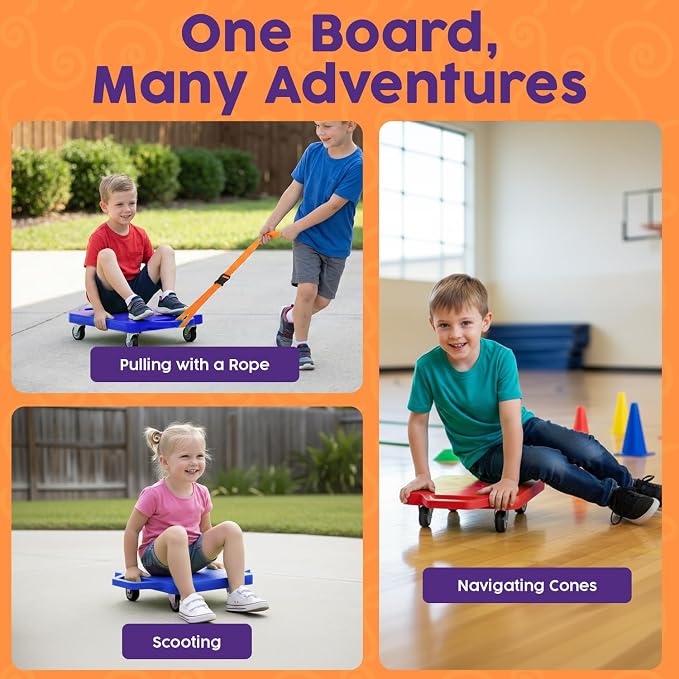 Hurtle Scooter Boards for Kids with Safety Handles, 2-Pack Heavy Duty Gym Floor Scooters with 360° Wheels for PE, Indoor Active & Sensory Play, Support 200 lbs, Includes Cones & Tow Strap, Blue & Red