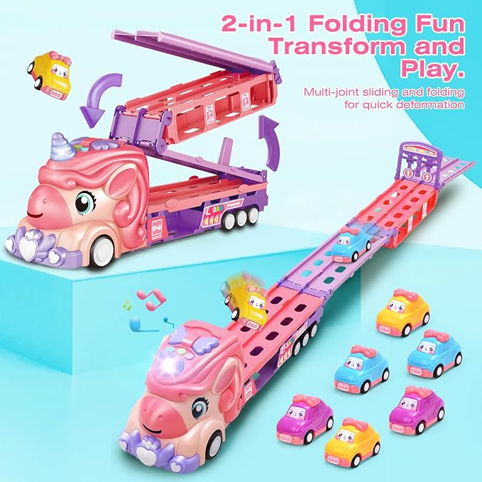 Car Toys for 3 4 5 6 7 Year Old Toddler Girl, Toys Truck & Foldable Race Track Car Toys with Light & Sound, Friction Power Car Toys for Kids Girls Age 3+