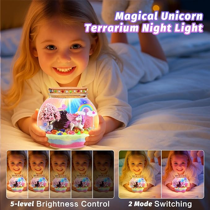 Unicorn Light-Up Terrarium Kit for Kids - Multicolor LED Night Light Birthday Gifts - Unicorn Toys for Girls Ages 4-6 7 8 9 10 Year Old - Kids Arts and Crafts Kit, Easter Ideal Gifts
