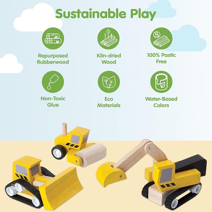 PlanToys® Road Construction Set Wooden Montessori Imaginative and Fine Motor Play Toy | Coordination, Creativity and Social Skill Building Activity | Eco Friendly Vehicle Set for Open Ended Play