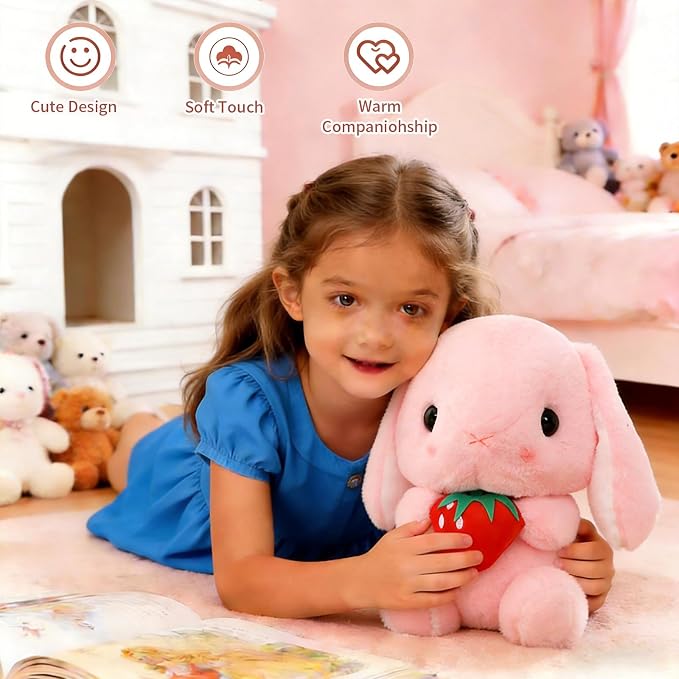 HOUPU Soft Toy - Sitting Lop Eared Rabbit, Easter White Rabbit Stuffed Bunny Animal with Carrot Soft Lovely Realistic Long-Eared Standing Pink Plush Toys (Pink-Strawberry,16.9in/43cm)