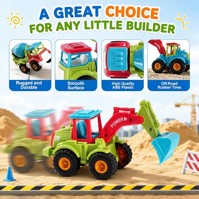 6pc Friction Construction Trucks Toy for Kids | Push and Go, Indoor Outdoor Sandbox Play, Excavator Bulldozer Dump Crane Mixer, Christmas Birthday Gift for Boys Toddlers 3-8