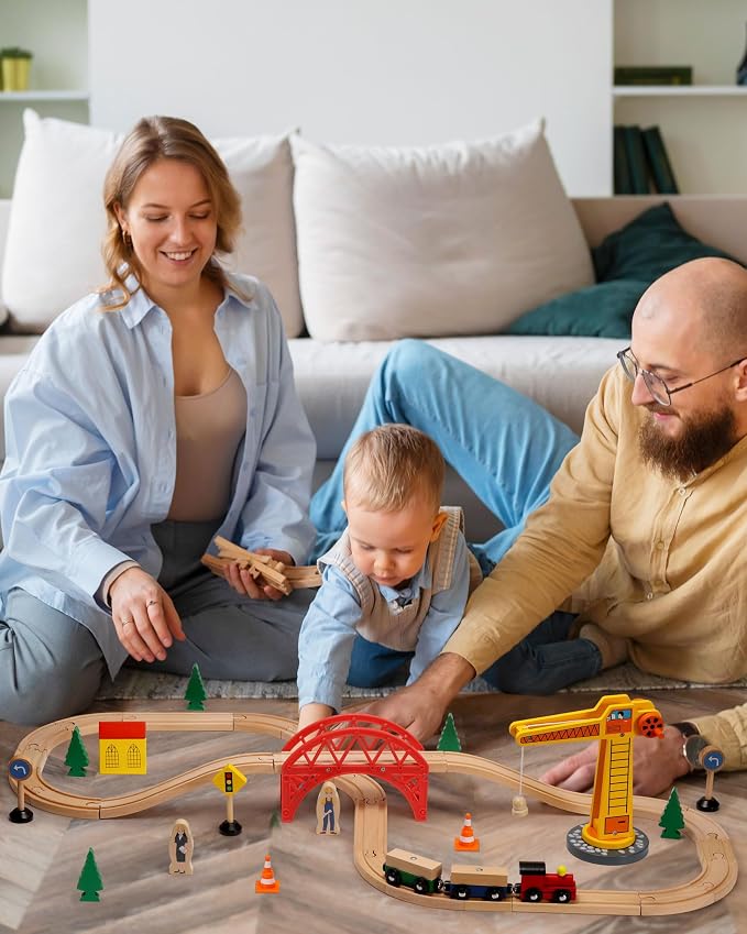 SainSmart Jr. Wooden Train Set for Toddler, 41pcs Wood Train Track w/Crane Fits Brio, Thomas, Melissa and Doug, Kids Wood Toy Train for Kids Ages 3+