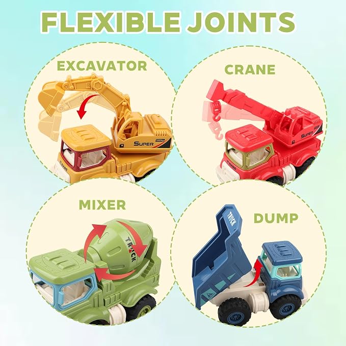 Construction Toys for Boys & Girls Ages 3–5 – Excavator, Dump Truck, Crane & Cement Mixer, Construction Vehicle Toy Set for Toddlers & Kids, Durable Play Vehicles for Pretend Play