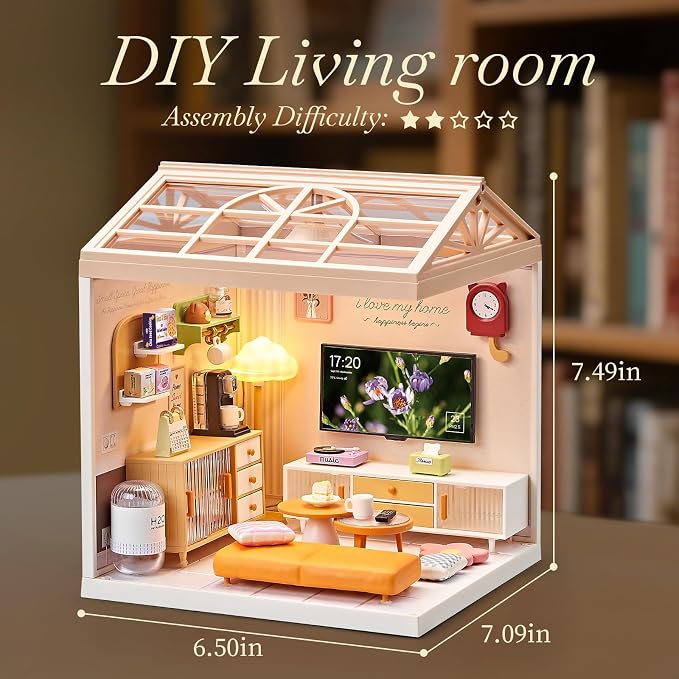 Miniature Living Room DIY Kit – 92Pcs 1:24 Scale Dollhouse Furniture with LED Light, Modular Scene Connector & Realistic Details for Kids 8+ and Collectors