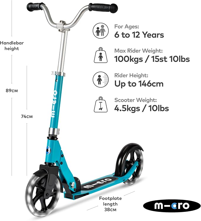 Micro Kickboard | Cruiser LED Kids Scooter for Ages 6–12 | 2 Wheel | Foldable with Kickstand | Adjustable Handlebar | Motion-Activated PU LED Wheels | Swiss Design