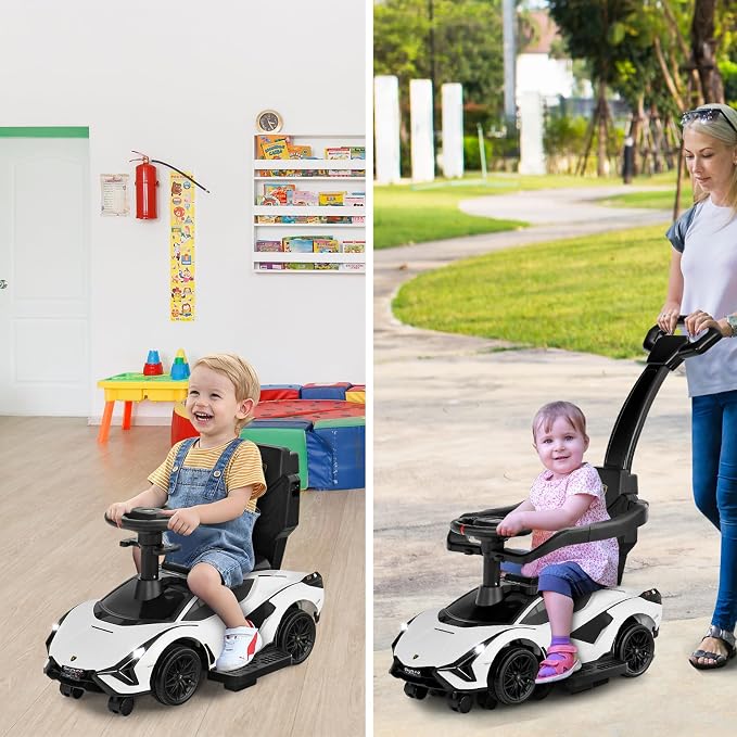 INFANS 3 in 1 Ride on Push Car, Licensed Lamborghini Baby Stroller Sliding Walking Car with Push Handle, Music, USB, Headlight, Under Seat Storage, Kids Foot-to-Floor Toy for 18-60 Months (White)