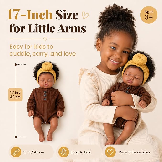 BABESIDE Black Reborn Baby Dolls, 17 Inch Realistic Black Newborn Lifelike Real Life Baby Dolls Soft Vinyl & Cloth Body with Feeding Kit Gift Box for Kids Ages 3+