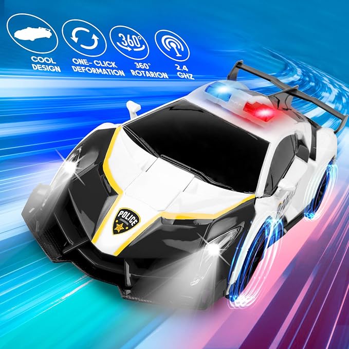 Remote Control Car Transformer Toys for Boy 4-6 Years Old: One-Button Transforming Police Car with LED Light & 360° Rotation Drifting 2.4 Ghz Robot RC Car Christmas Birthday Gift Idea for Kids