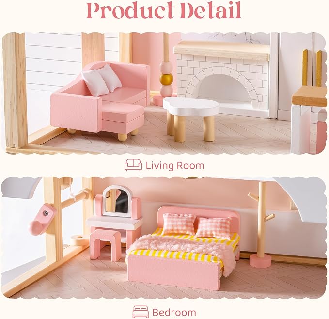 ROBUD Wooden Dollhouse Furniture Set, 28 Pcs Doll House Accessories, Miniature Furniture Including 6 Room Kits, Pretend Play Toys, Gift for Boys and Girls,3+