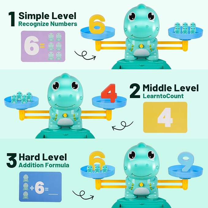 Upgraded Dinosaur Math Balance Toy with Number Blocks, Letter Cubes & 32 Learning Cards, Montessori Learning & Education Toys for Ages 3–7,Ideal Gift for Kids (Upgraded Blue)