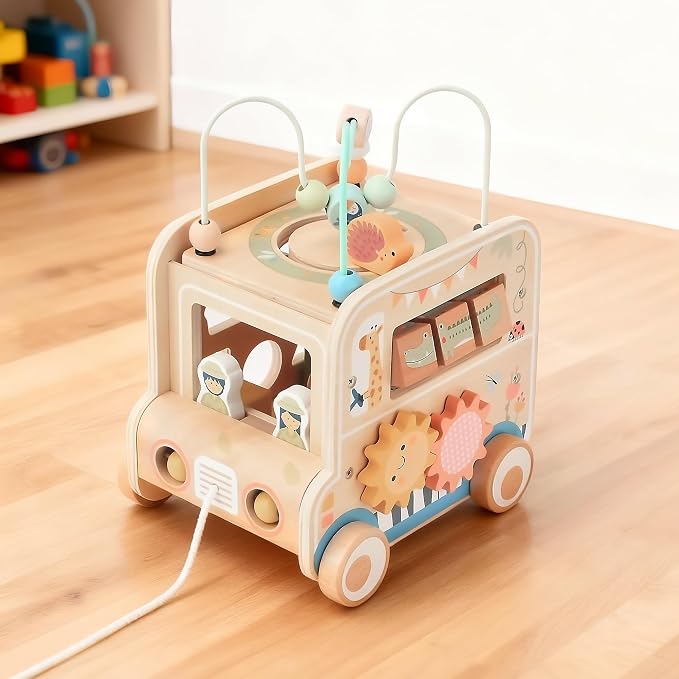 Pithfor Wooden Pull Along Activity Cube Toys, Montessori Toys for 1 2 3 Year Old Baby Toddlers, Baby Activity Cube for 1 Year Old, 1st First Birthday Gift