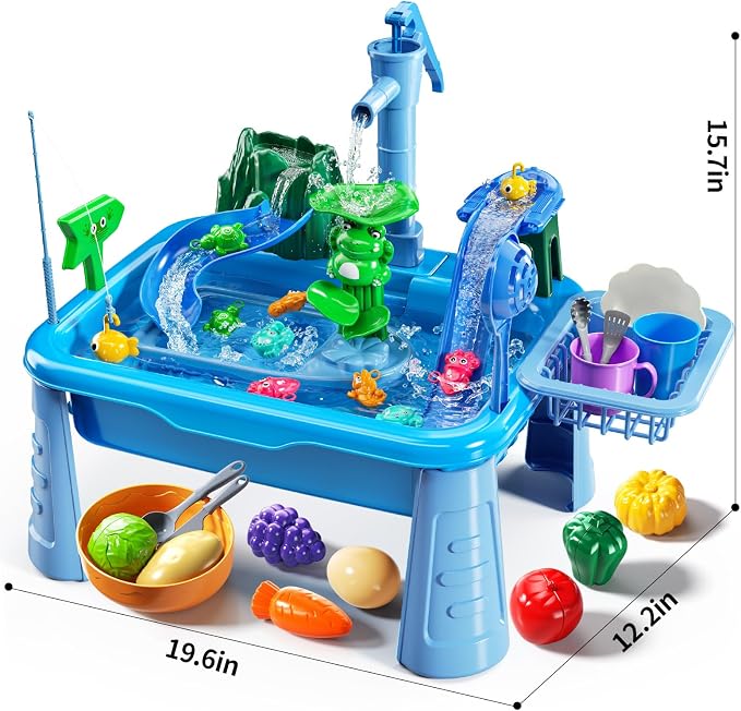 Water Table Play Sink Toy for Kids 2 3 4 5 6 Years Old - Outdoor Kitchen with Running Water, Fishing Games, Toddler Water Play Table for Kids Ages 3-8, Beach Outdoor Toys, Birthday Gifts 2+ 3-5 (Blue)