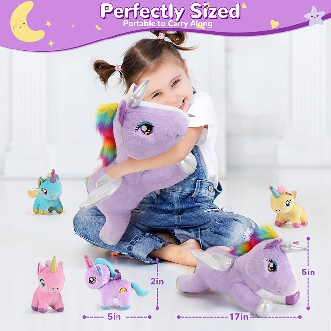 gnomantic Unicorn Stuffed Animals with Babies Inside, Mommy Toy for Kids | 5-Piece set: 1 mommy unicorn + 4 baby unicorns inside. Unzip belly to reveal surprise babies. Ultra-soft, ages 3-8.