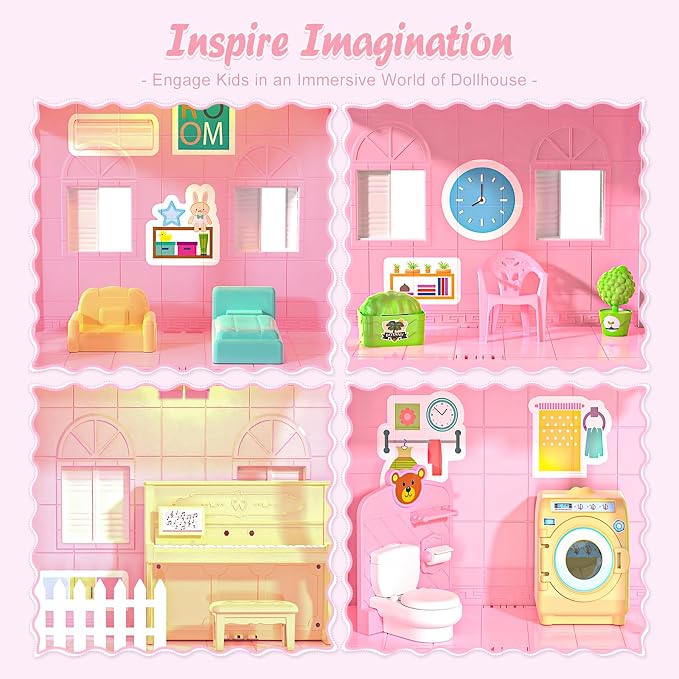 Dreamy Dollhouse Playset for Girls,Princess Doll House with 4-Story 10 areas 2 Dolls, Lights, Pets,Furniture & Accessories, Pretend-Play Toddler Playhouse Gift for 3 4 5 6 7 8 9+ Year Old Girls Toys