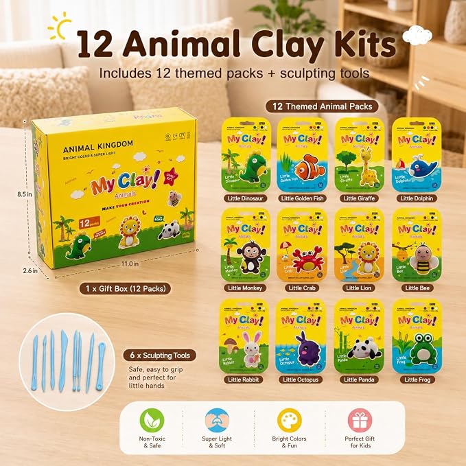 Air Dry Clay Kit, 12 Animals Kingdom Modeling Clay for Kids, DIY Model Magic Clay with Tools&Idea Cards, Soft&Non-Sticky, Safe&Non-Toxic Magic Clays, Creatible Art Crafts Toys Gifts for Boys Girls