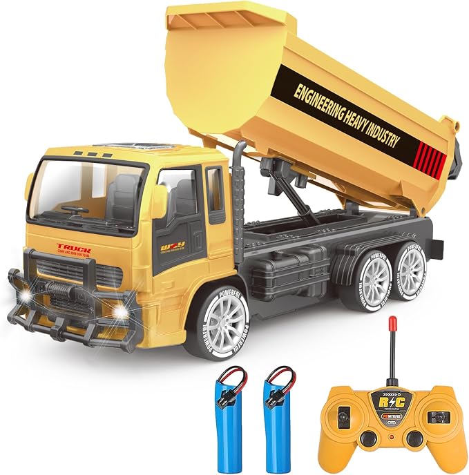 Jiakora Remote Control Dump Truck for Kids, 2.4GHz RC Construction Vehicle with LED Lights, 45° Dumping Function, 2 Rechargeable Batteries, Toy Truck for Boys Girls 3 4 5 6 7 8 Years Old