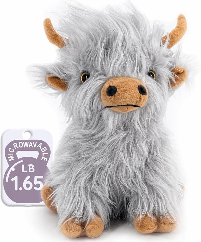 Marysun Highland Cow Stuffed Animal Toy, Gray Microwavable Highland Cow Gift for Girls and Kids, 9.8in, 1.65lb