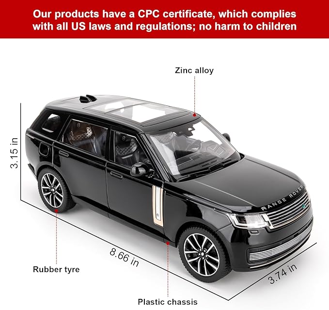 TGRCM-CZ 1:24 Range Rover Die-cast Model Vehicle with Sound & Light, Pull Back Function & Openable Doors - Realistic Details for Collectors & Gifts Black