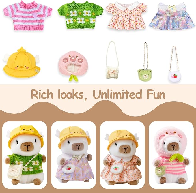 10.2" White Capybara Plush with 9 Pcs of Clothing and Accessories Super Soft Capybara Stuffed Animal Capybara Plush Toy is Suitable for Kids, Girls and Boys