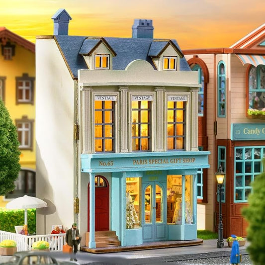 DIY Miniature House Kit, CUTEROOM Wooden Dollhouse Kit Mini House Making Kit with Furnitures, DIY Dollhouse Kit Birthday Gift for Women (Gift Shop)